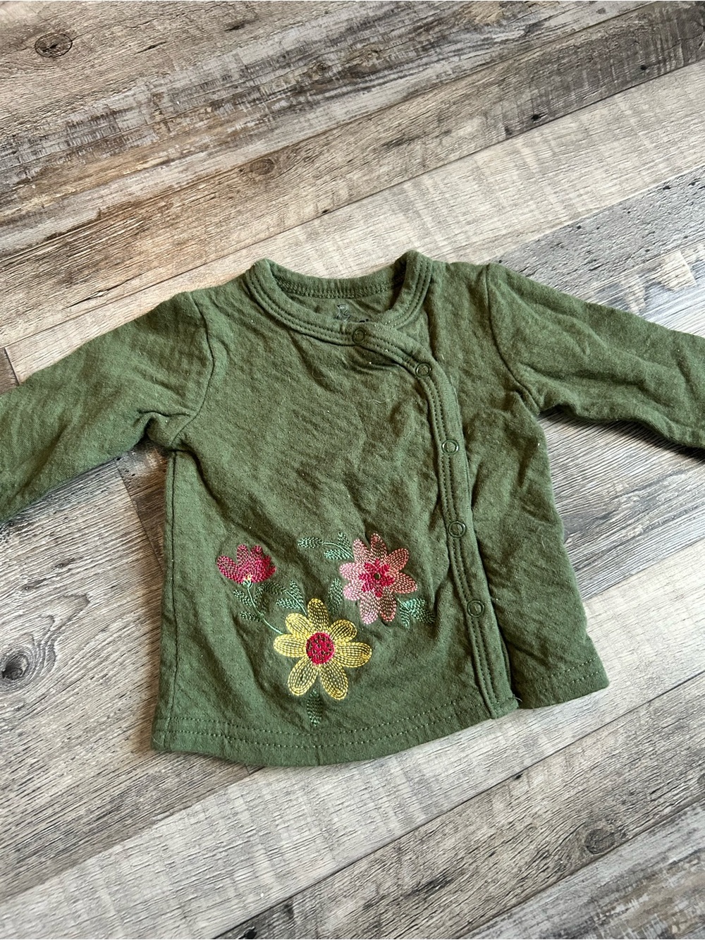 Olive Green Floral-Embroidered Button Front Baby Shirt by Duck Duck Goose
